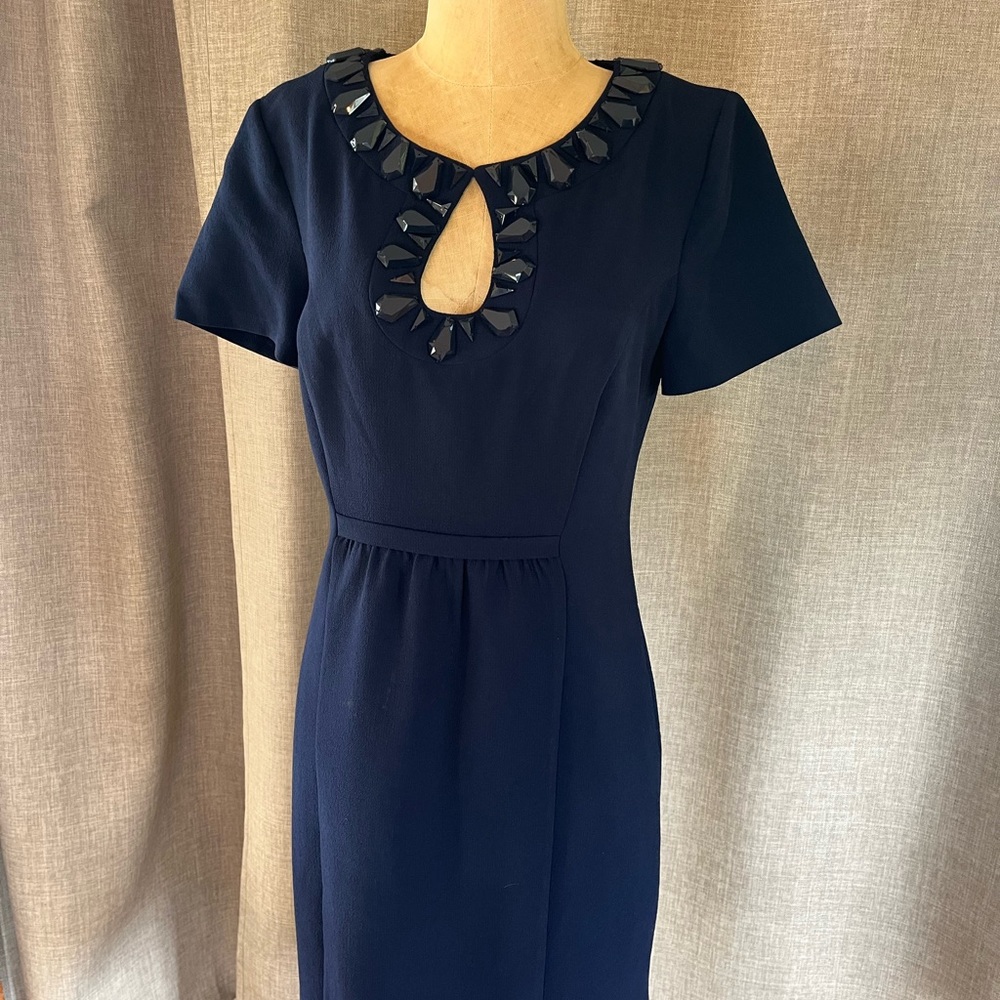 Trina Turk Size 4 Elegant Navy Blue Dress with Embellished Neck